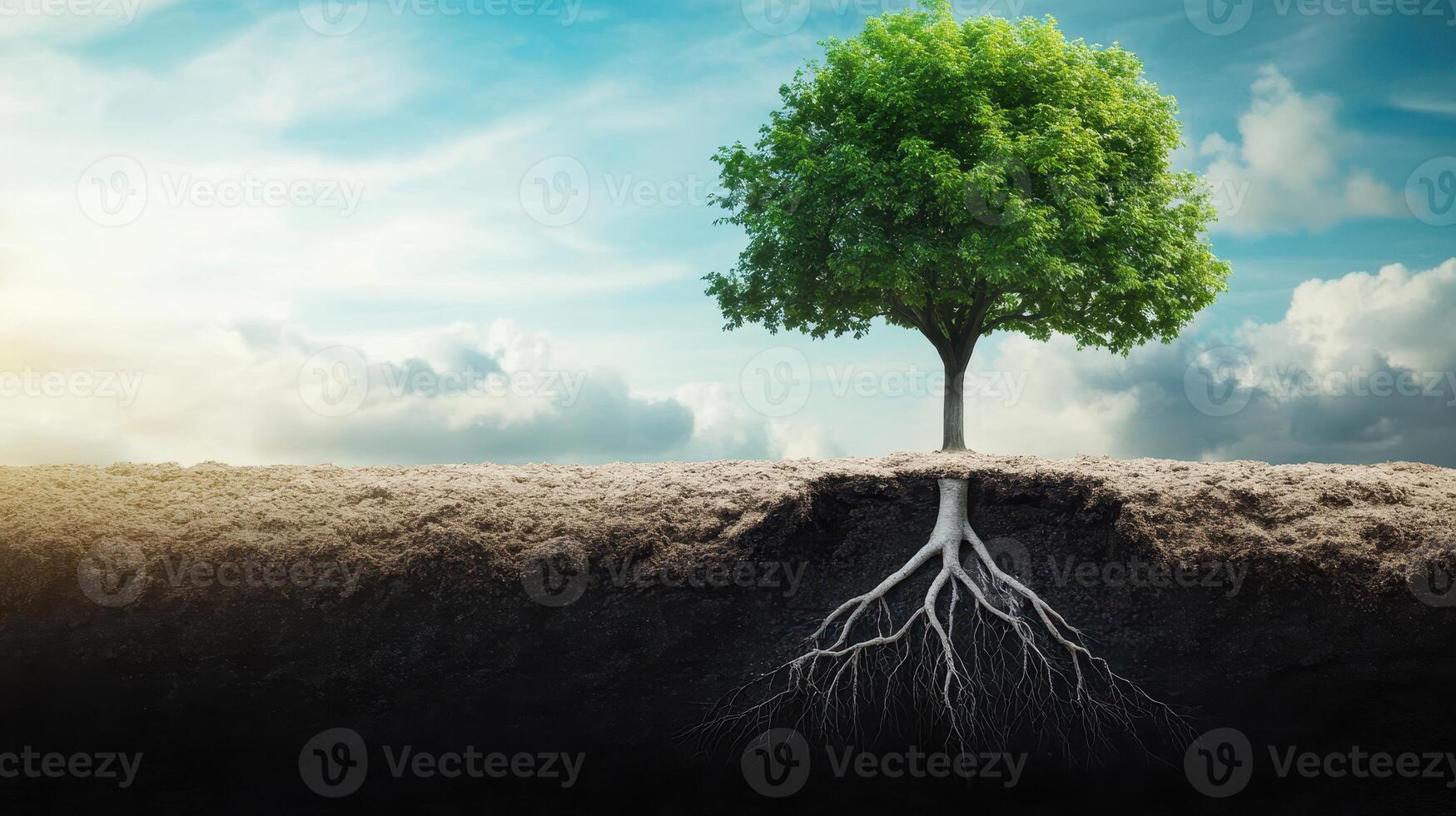 Lush Green Tree with Extensive Root System Above and Below Ground Against a Cloudy Sky Background photo