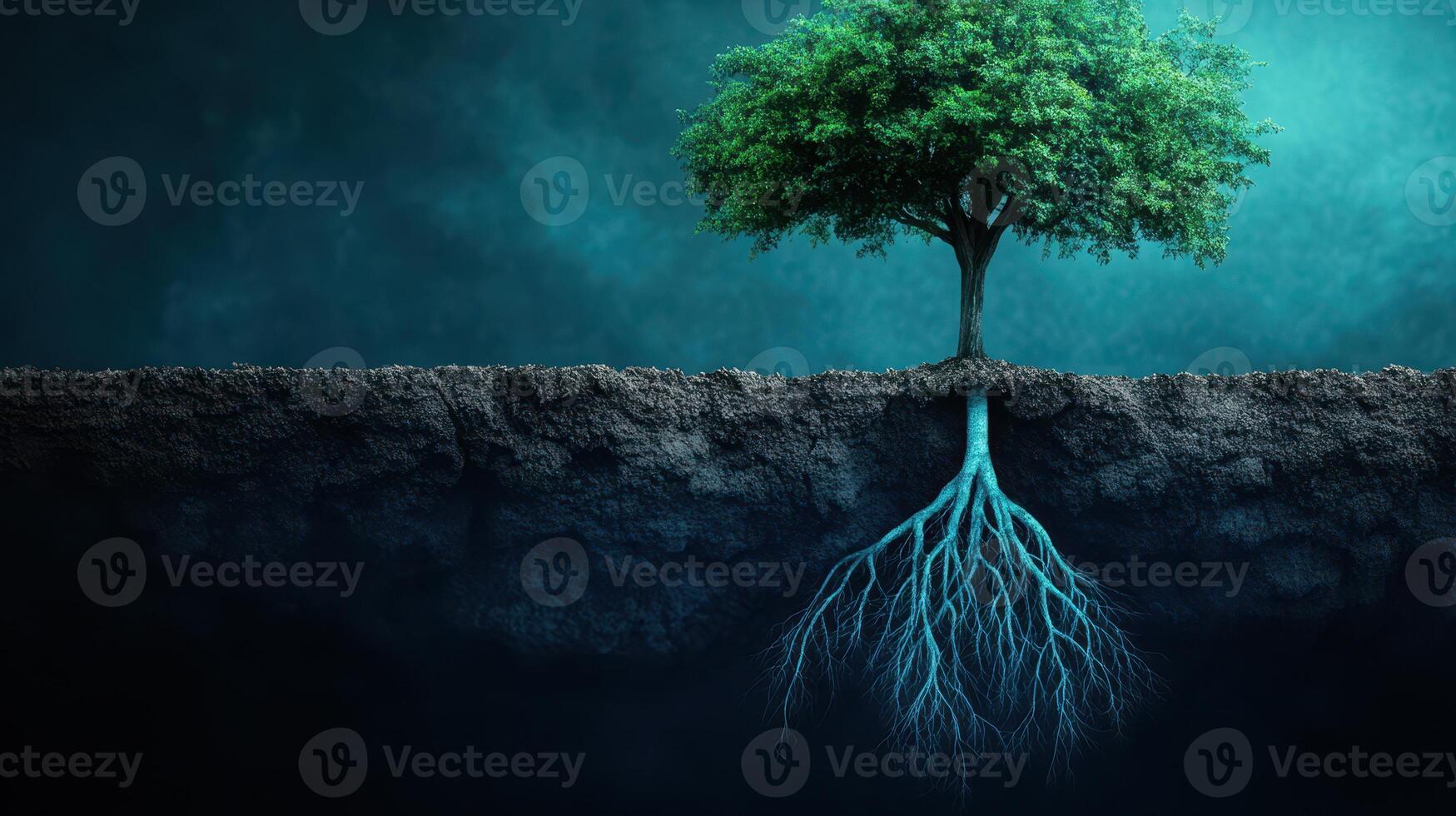 Tree with Extensive Root System in Cross-Section Against Dark Background Symbolizing Growth and Stability photo