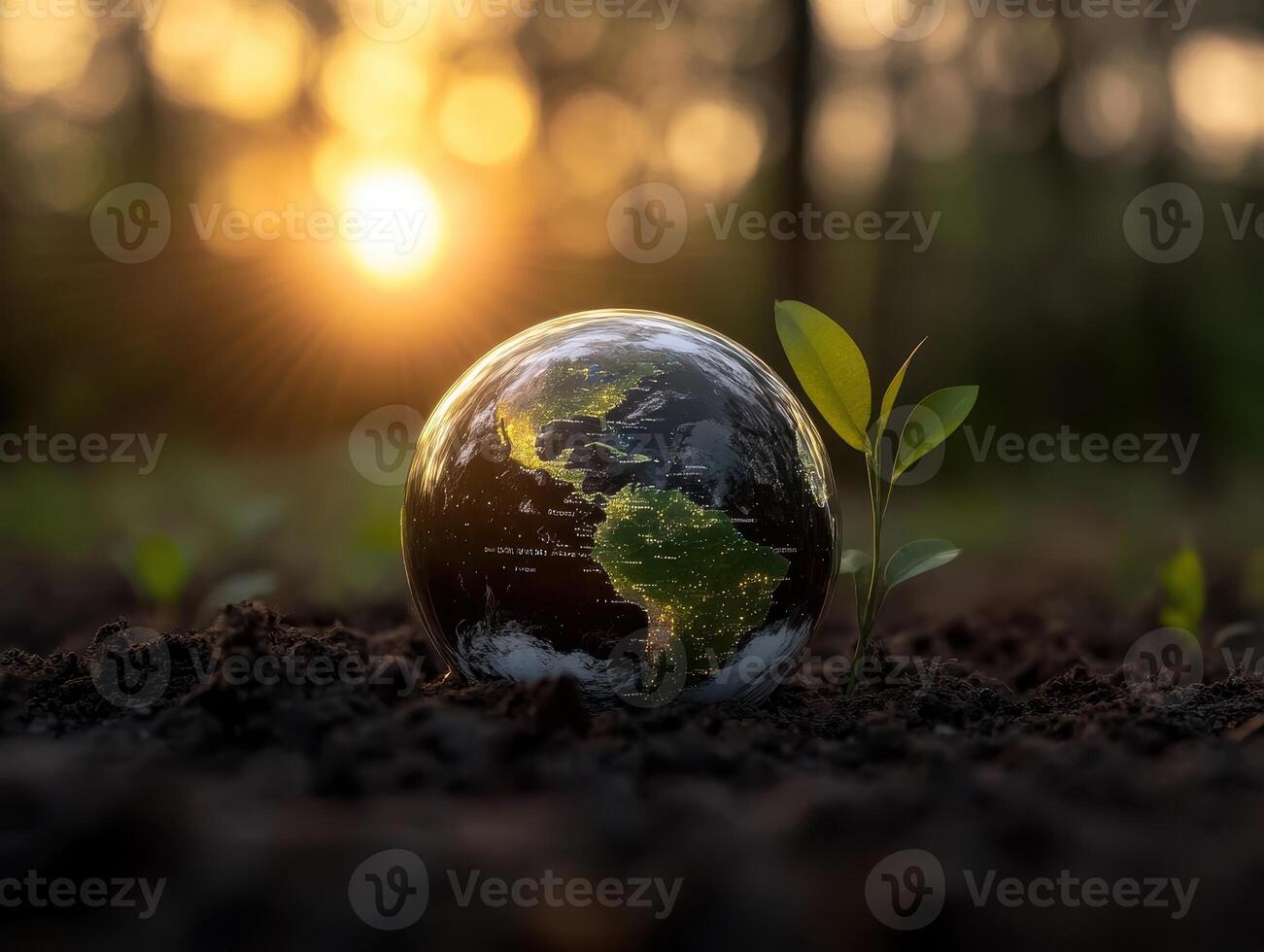 Globe with Young Plant in Soil at Sunrise Symbolizing Environmental Conservation and Global Sustainability photo