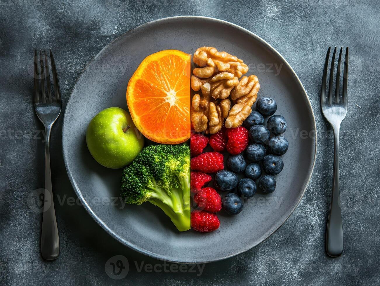 Healthy Balanced Diet Concept with Fruits, Vegetables, Nuts, and Berries on a Plate with Forks on Dark Background photo