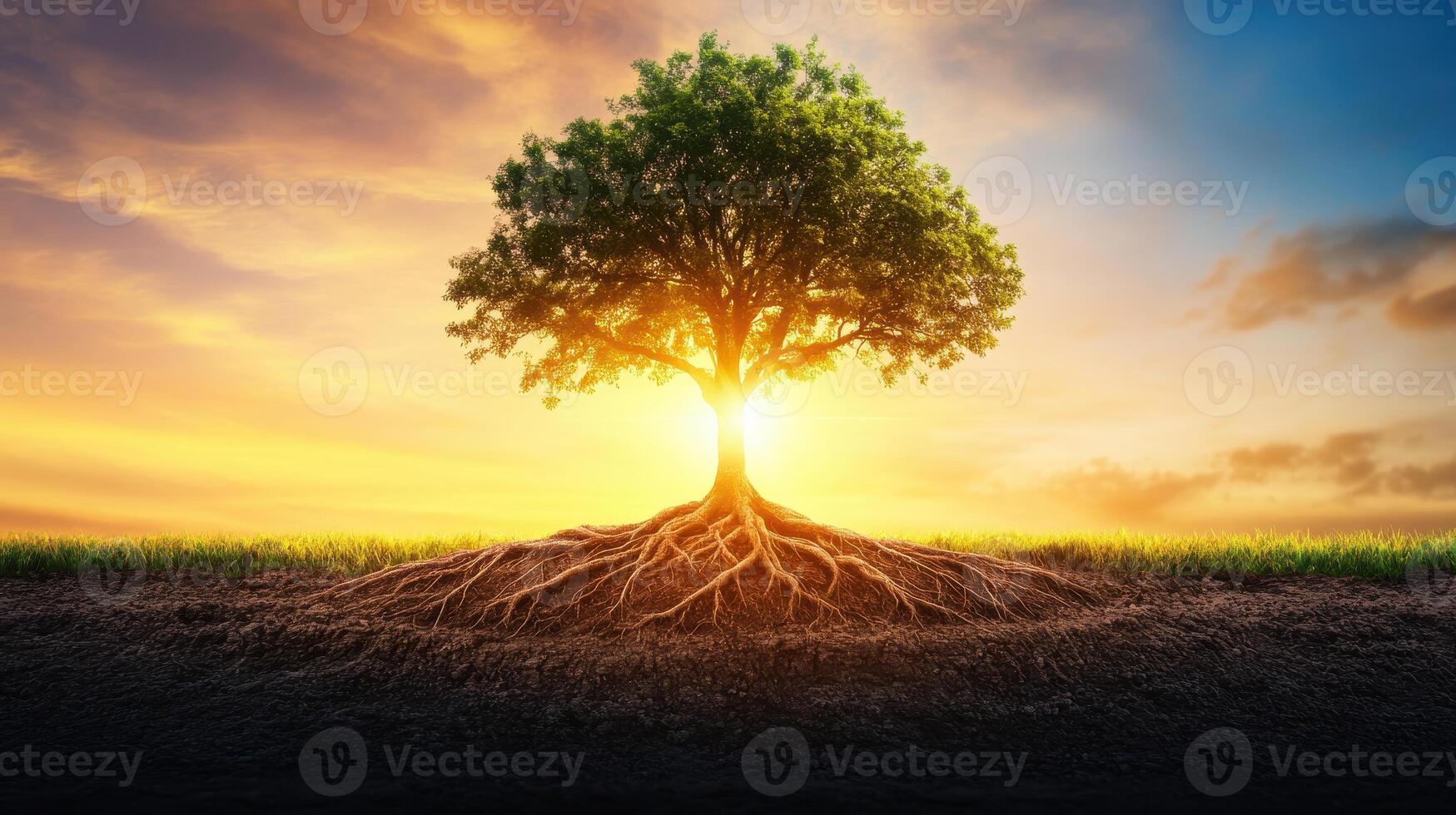 Majestic Tree with Deep Roots at Sunset, Illuminated by Golden Sunlight Against a Vibrant Sky photo