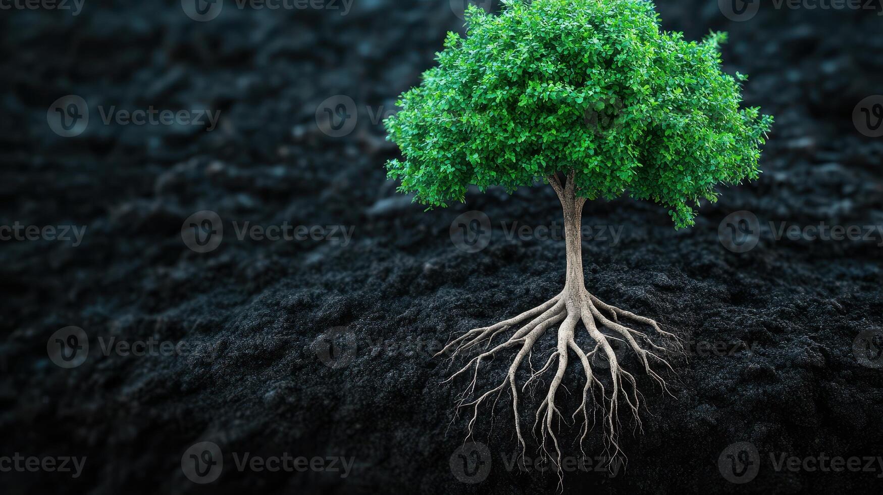 Lush Green Tree with Exposed Roots Growing in Rich Dark Soil Symbolizing Growth and Nature photo