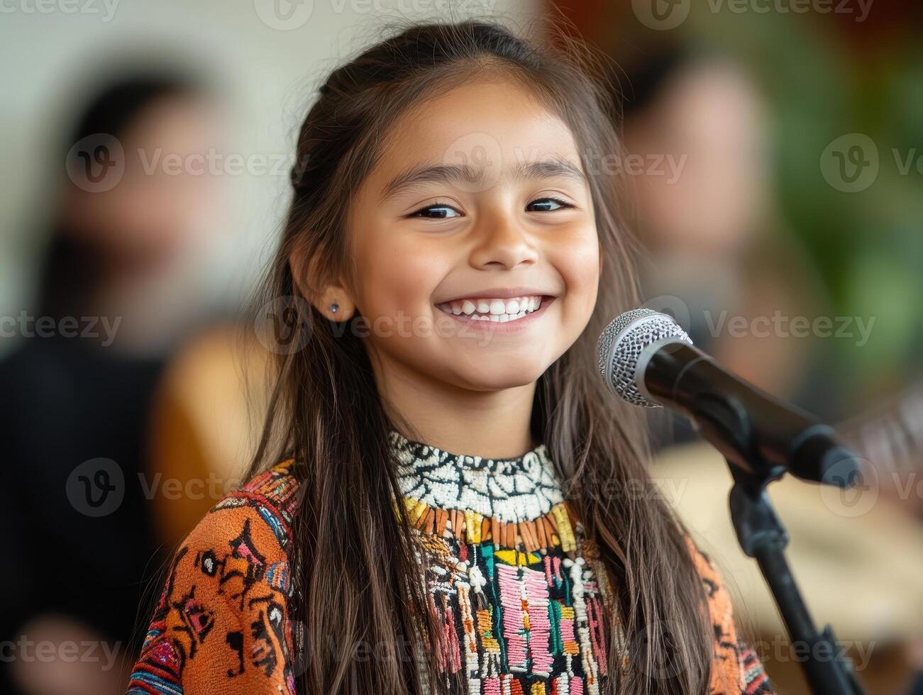 Joyful Young Girl Singing into Microphone in Colorful Traditional Clothing at Cultural Event photo