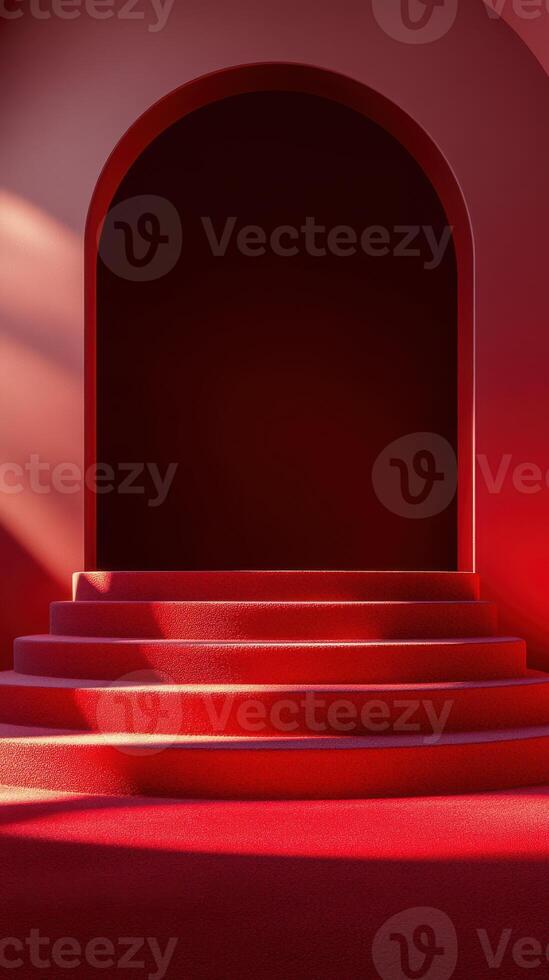 Architectural red staircase with arched opening and dramatic lighting in a modern space photo