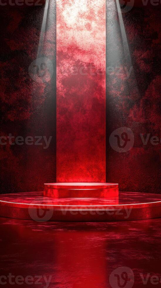 Red illuminated stage with spotlight and textured backdrop for performance and presentation use photo