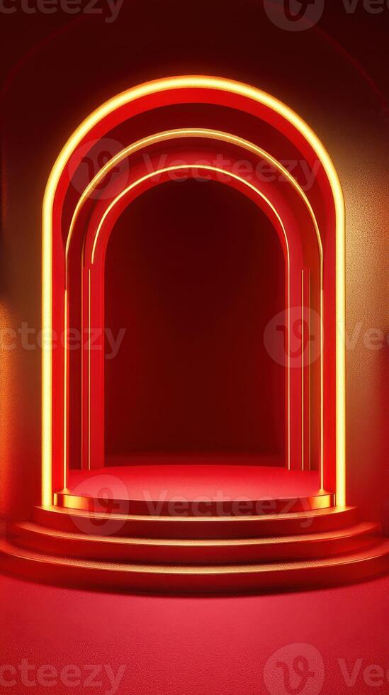 Vibrant red archway illuminated by glowing neon lights in a minimalist interior space photo