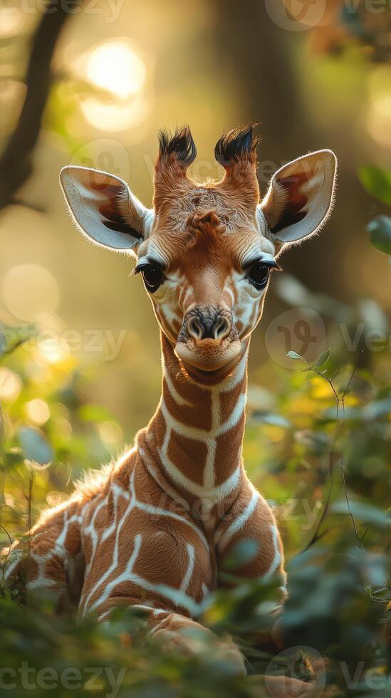 Curious young giraffe resting among lush greenery in a serene forest setting during late afternoon light photo
