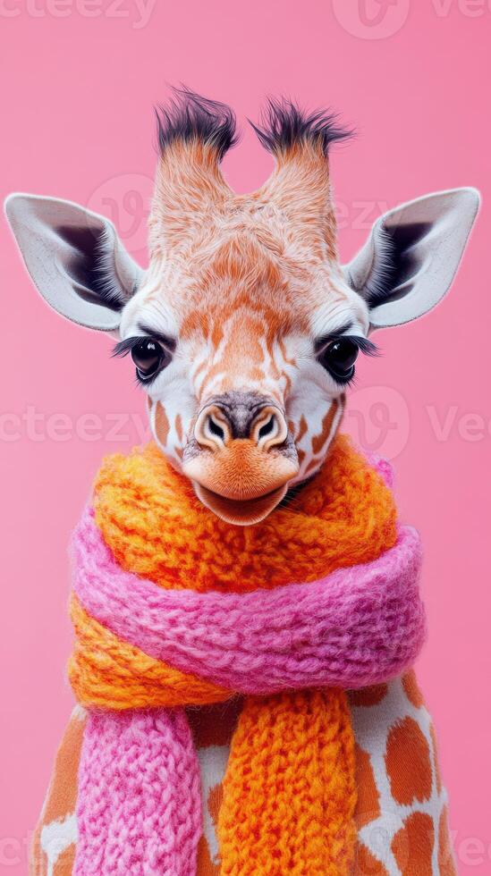 Giraffe wearing a colorful scarf against a vibrant pink background during a creative photoshoot in an artistic studio photo