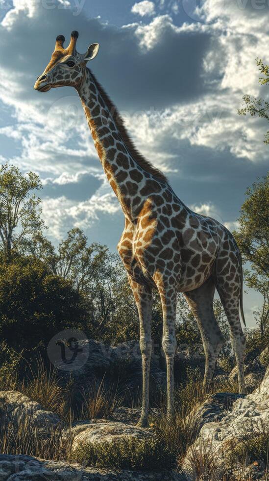 Giraffe standing majestically in a natural landscape during the golden hour under a partly cloudy sky photo