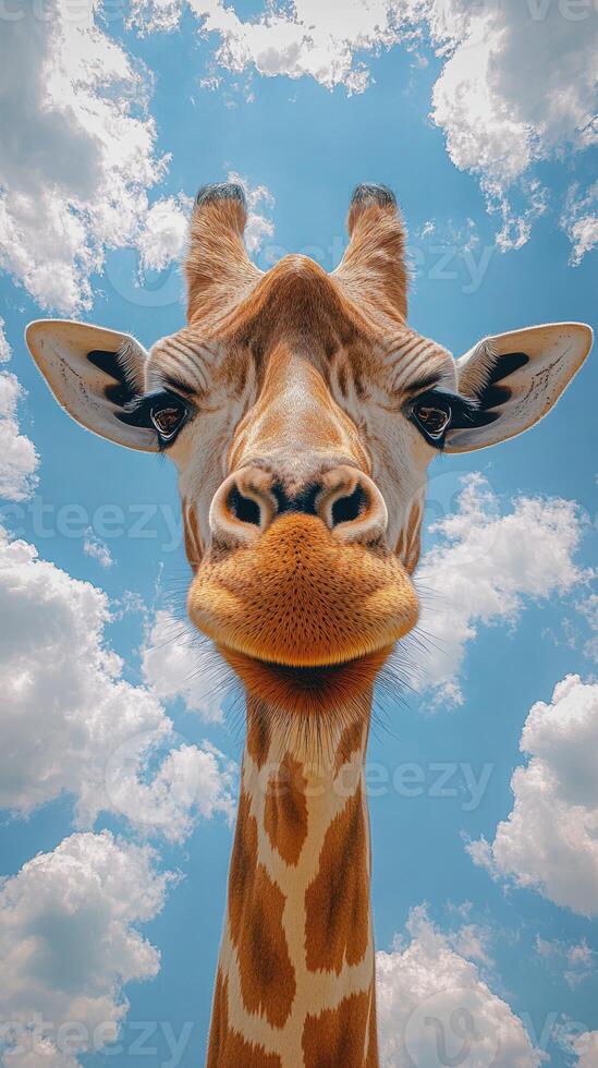Giraffe gazes curiously as fluffy clouds drift by in a bright blue sky during a sunny afternoon photo