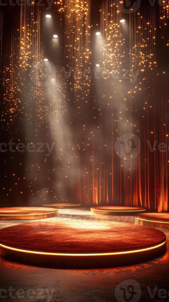 Elegant performing stage with bright lights and decorative curtains for a nighttime event or show photo