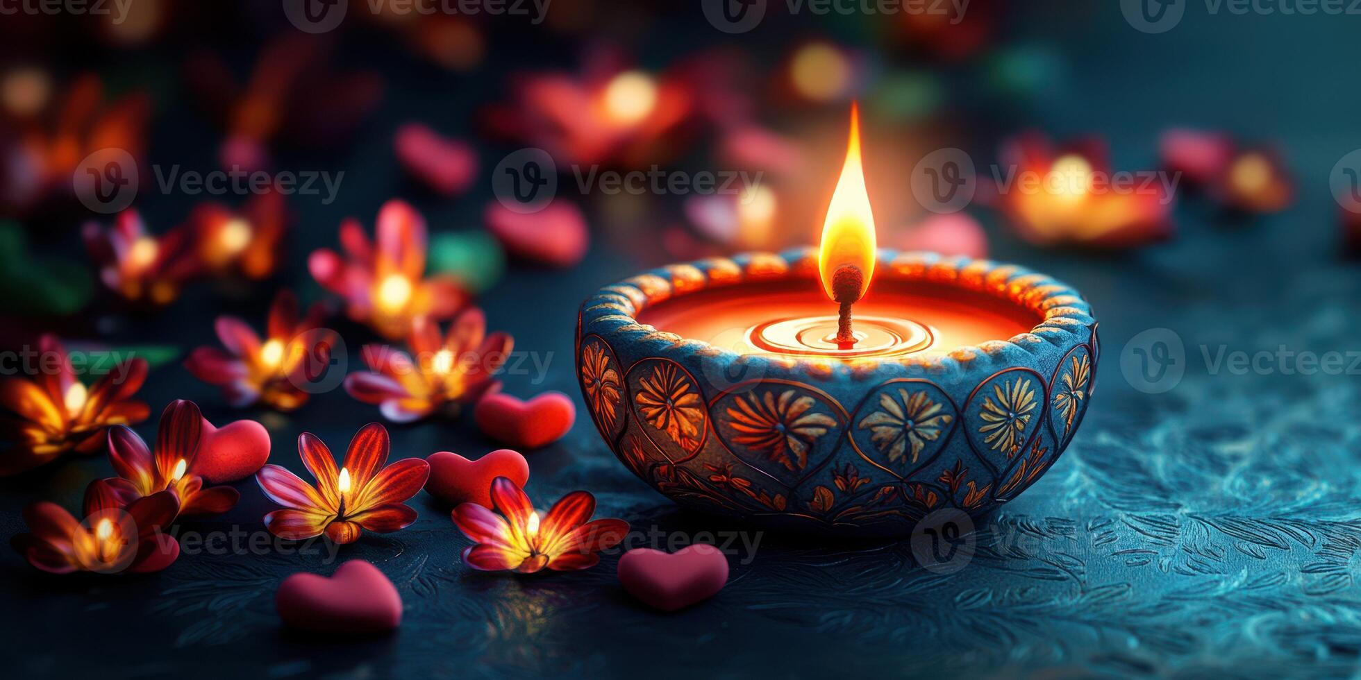 Festive candle with glowing light surrounded by colorful flowers and hearts during a celebration at night photo