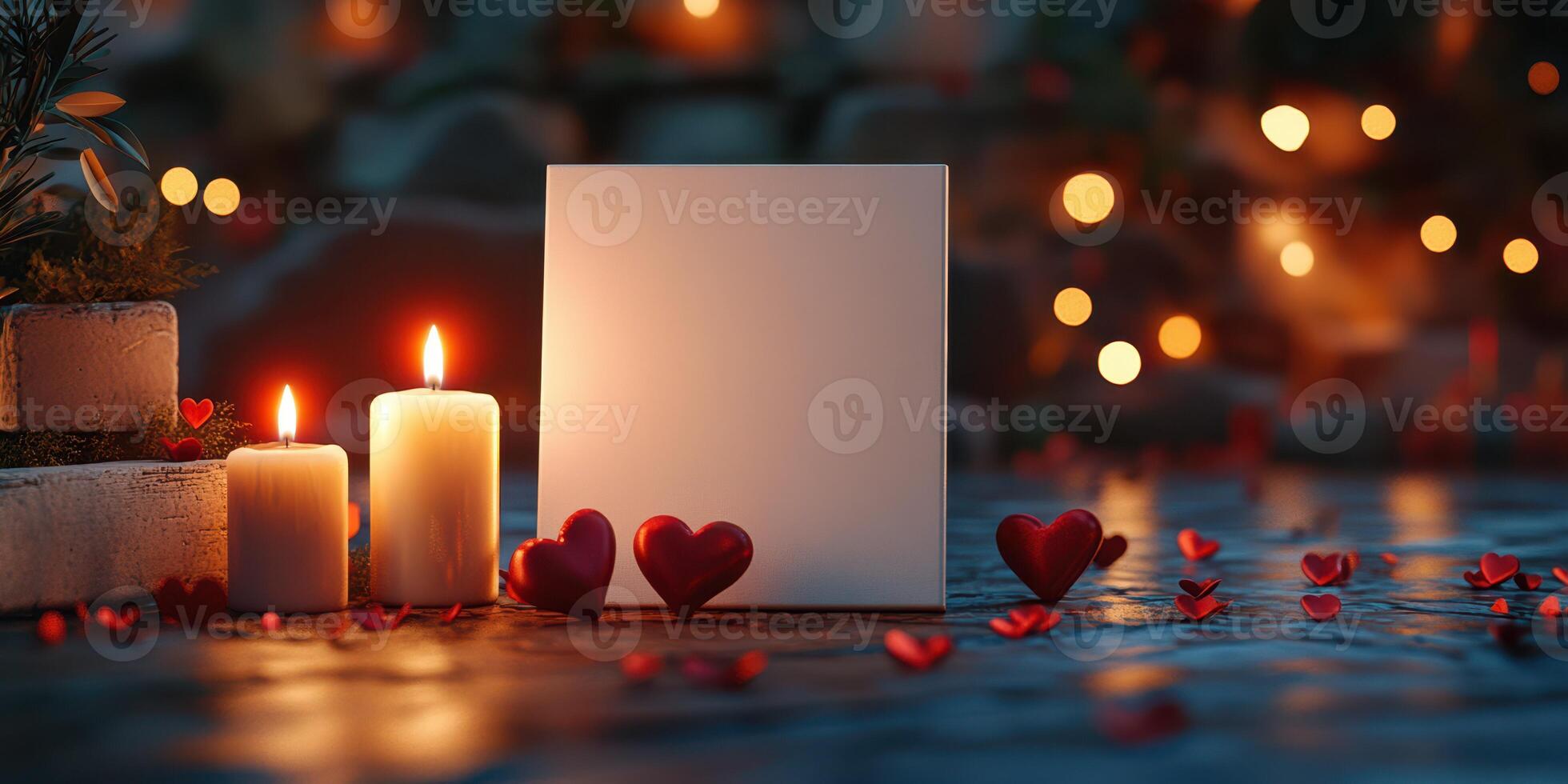 Romantic candlelit setting for a special occasion with hearts and an empty canvas photo