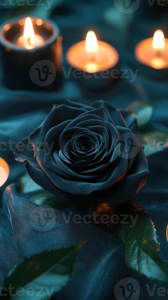 Deep blue rose surrounded by flickering candles on a dark fabric background creates a tranquil atmosphere photo