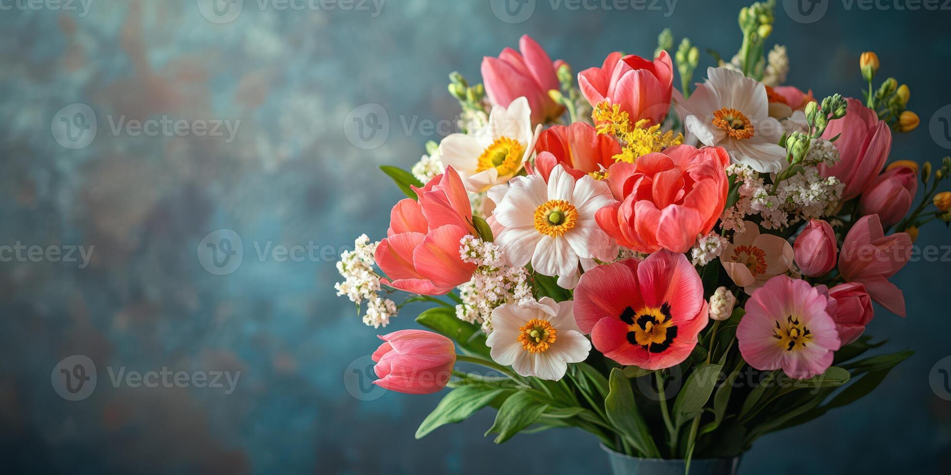 Brightly colored floral arrangement featuring tulips and daisies set against a blue background in a modern indoor space photo