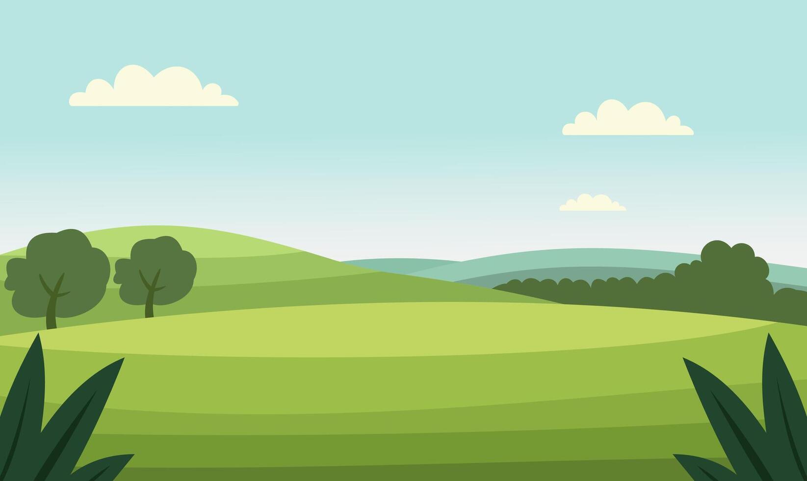 Peaceful Green Meadow Field Hill Nature Landscape with Trees in Bright Sky vector