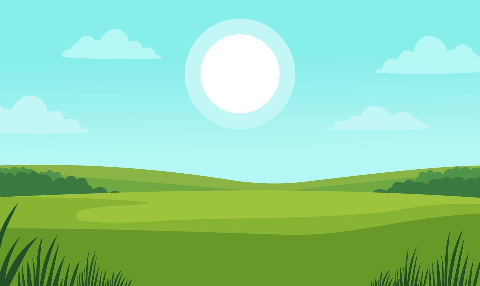 Peaceful Green Meadow Field Hill Nature Landscape with Sun in Summer Bright Day vector