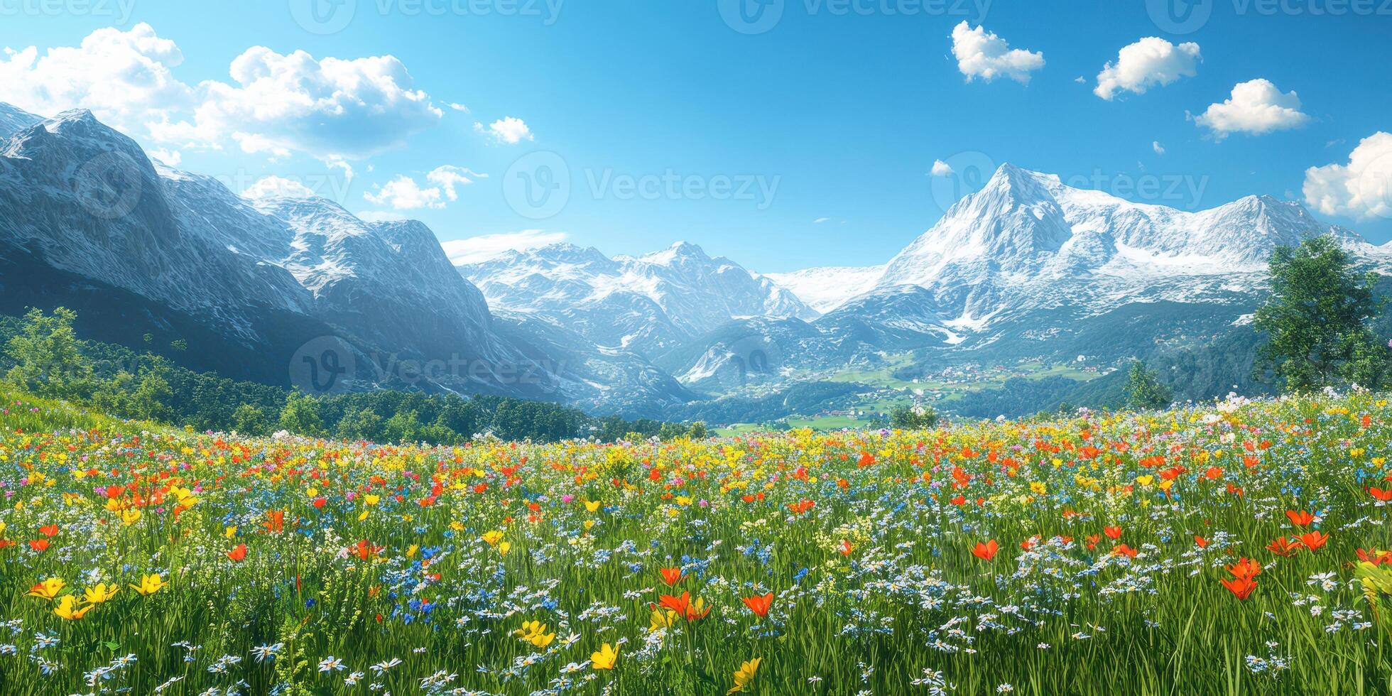 Colorful wildflower meadow in a picturesque mountain landscape during a sunny day in spring photo