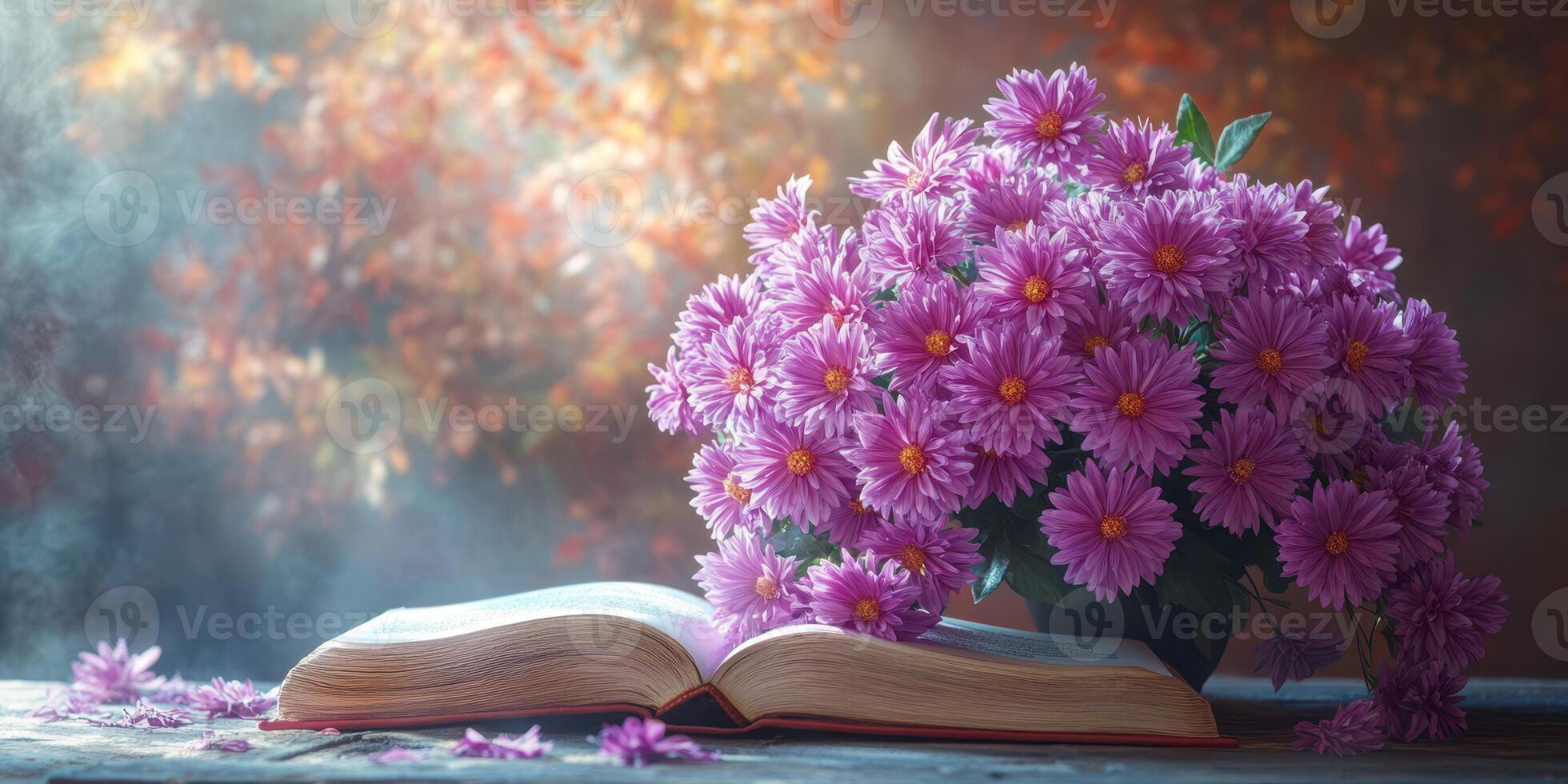 Beautiful arrangement of purple flowers beside an open book on a rustic table during a serene evening photo