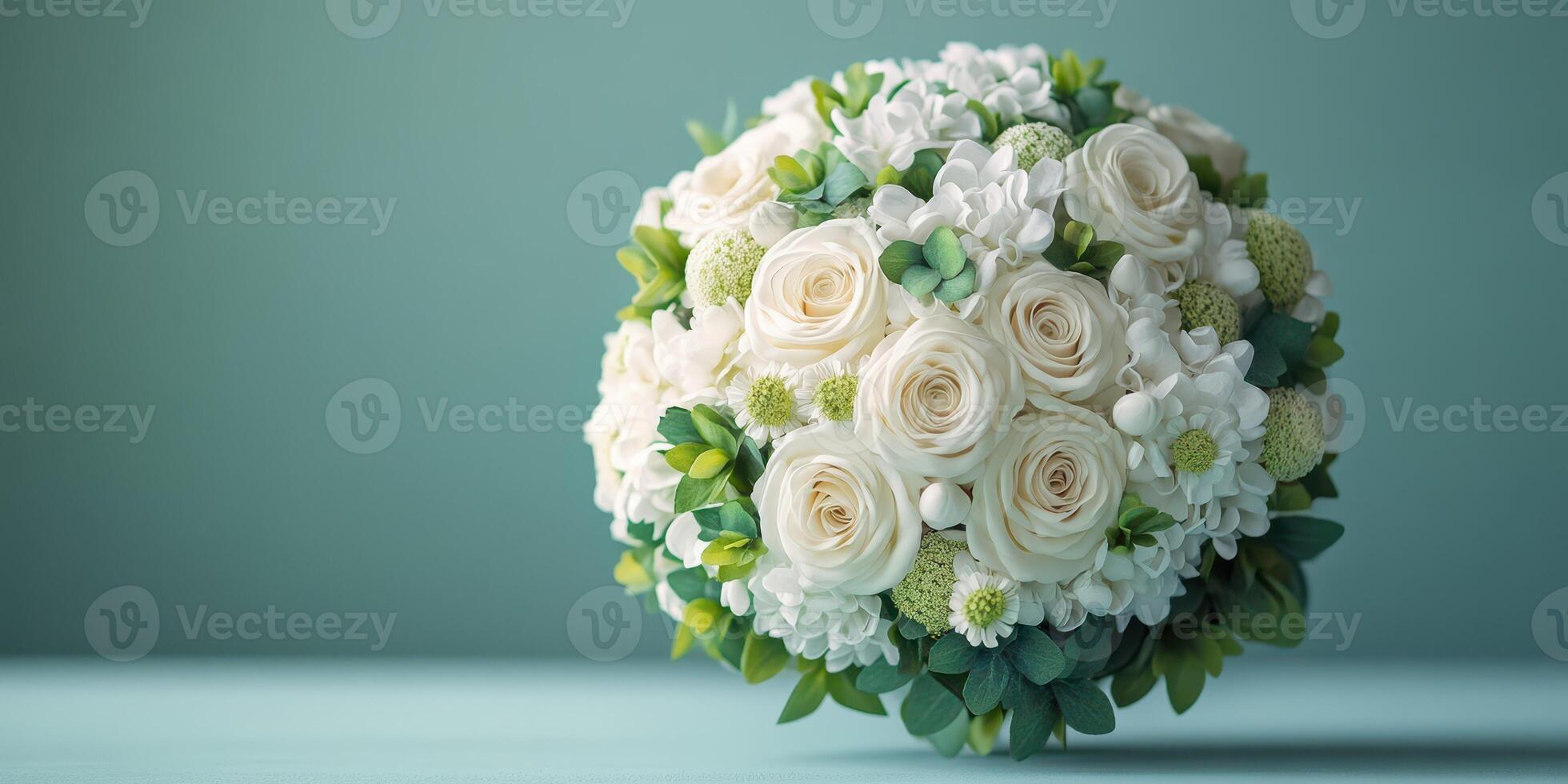 Elegant white rose bouquet with greenery displayed on a soft blue background photo