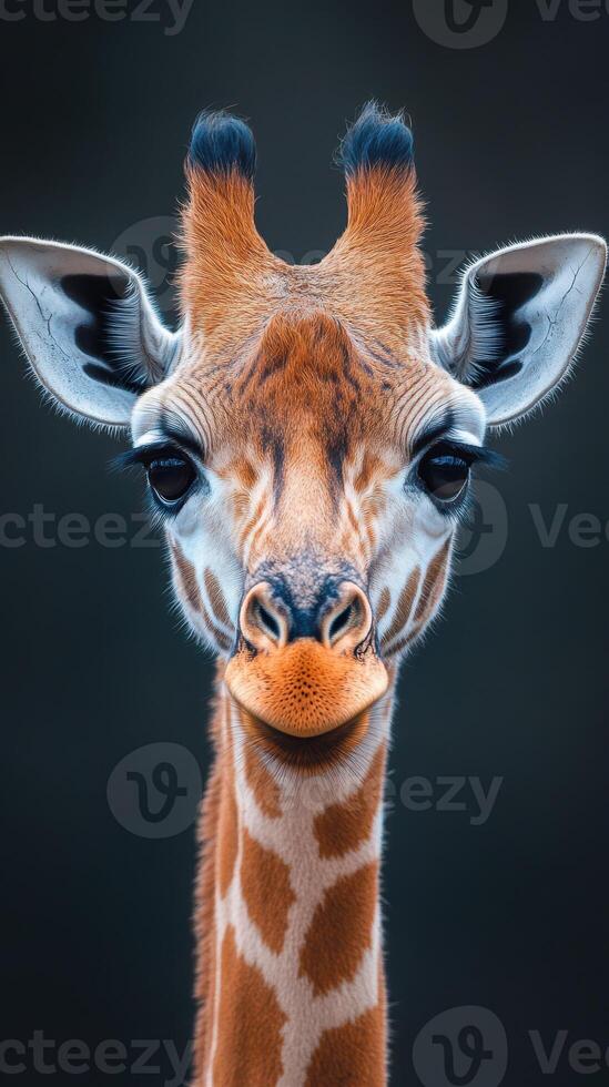Giraffe portrait showcasing intricate facial features against a dark background during daylight hours photo