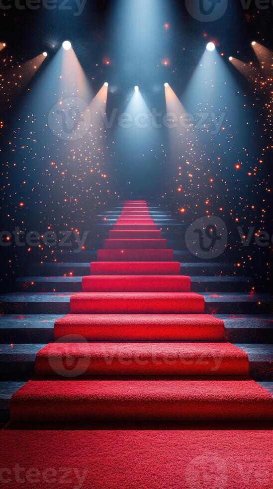 Illuminated red carpet leading up a staircase with dazzling lights and speckles in a vibrant atmosphere photo