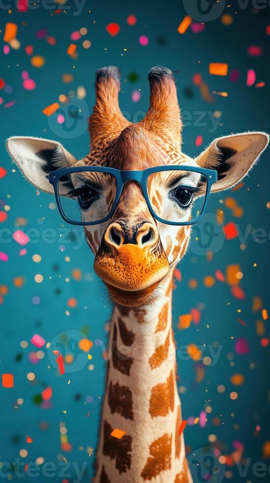 Giraffe wearing glasses surrounded by colorful confetti in a playful atmosphere photo