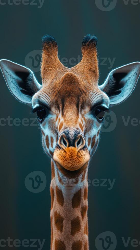 Unique portrait of a giraffe in a serene environment, showcasing its distinctive features and expressive eyes photo