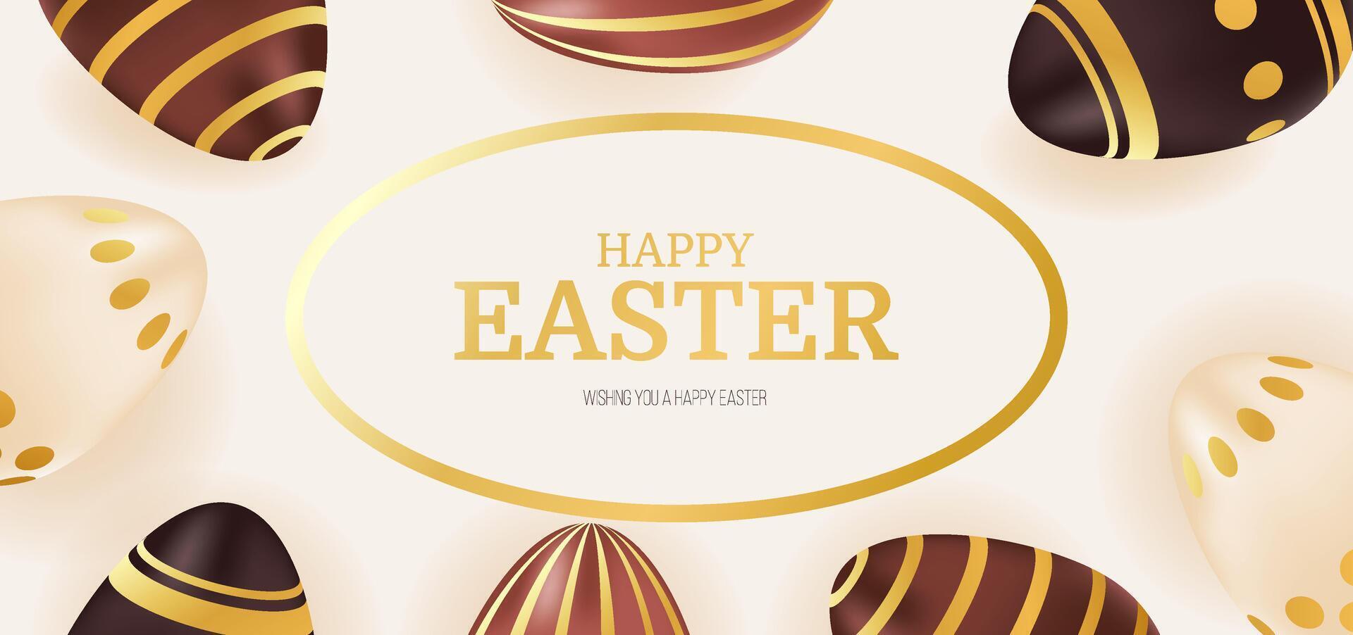 Happy Easter banner. Holiday greeting background with chocolate golden eggs. Template for advertisement, website, social post, invitation, voucher. illustration vector