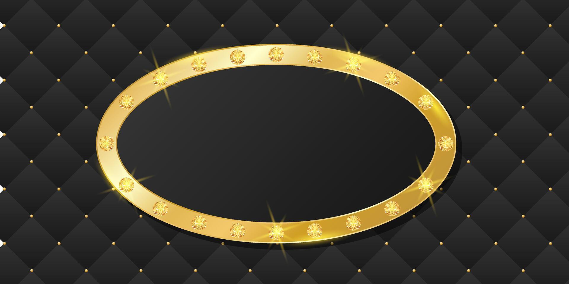Abstract golden ellipse frame with shiny diamond. Luxury modern concept, premium leather background. illustration with oval copy space vector