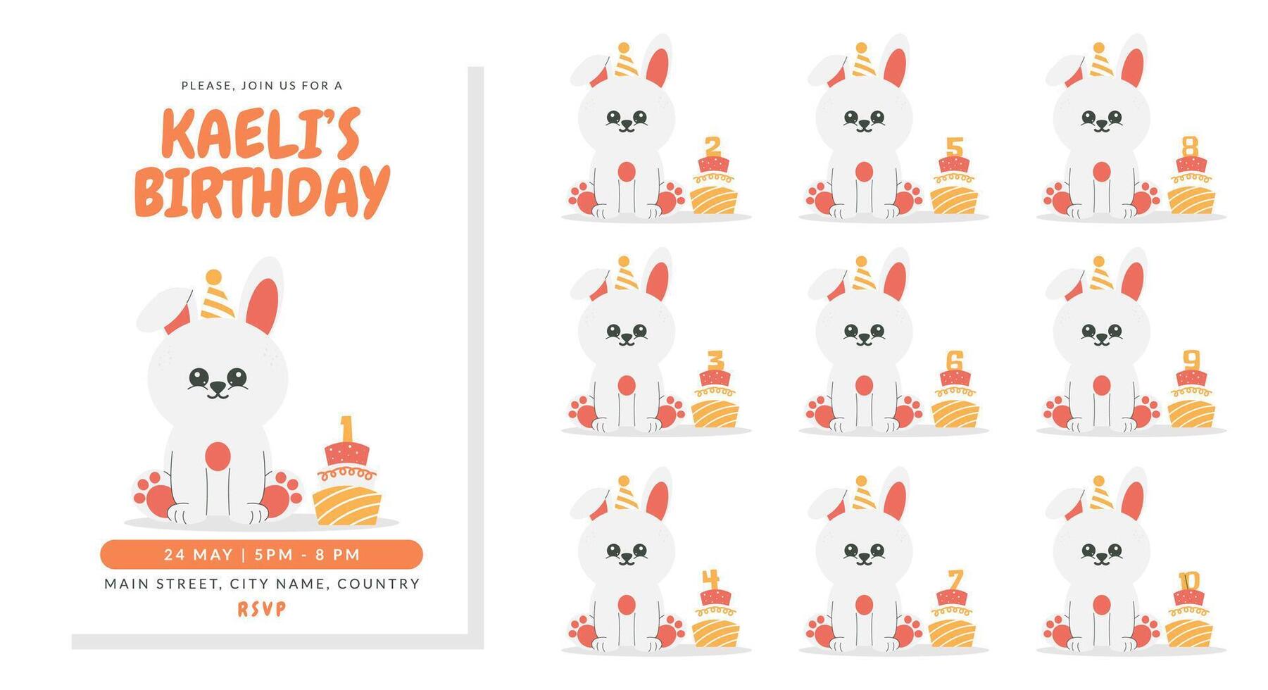 Greeting and invitation for kids Birthday party. Cute rabbit in hat and cake with number in flat childrens style. illustration collection, design for card, poster, event, prints vector