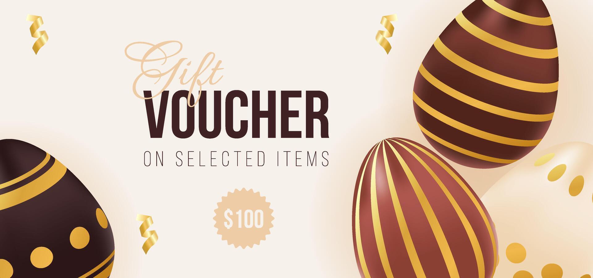 Gift voucher for Happy Easter day. Template of promotion and shopping. Chocolate eggs with golden pattern. illustration for ad, promotion, flyer, discount vector