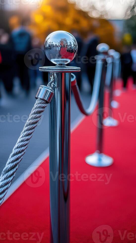 Red carpet setting with stanchions and ropes at a public event on a sunny autumn afternoon photo