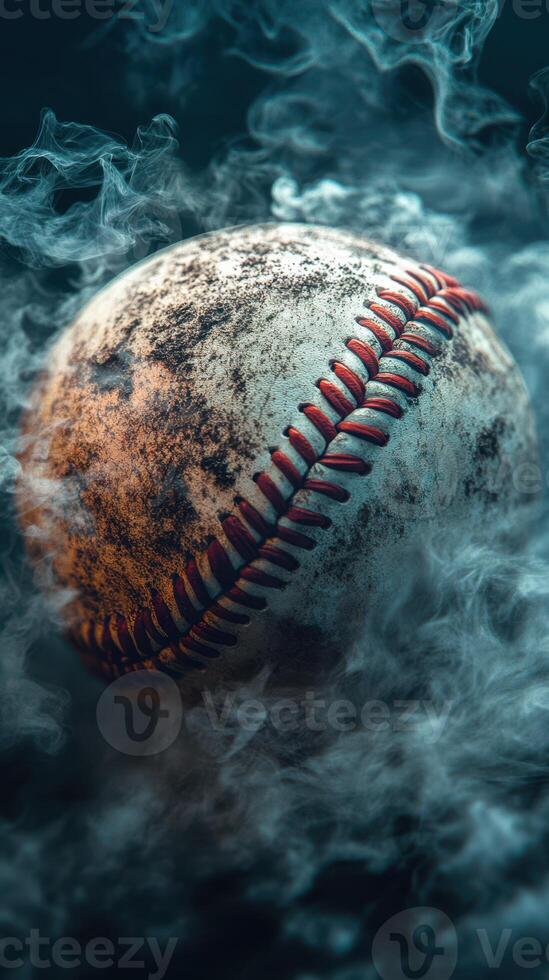 Weathered baseball surrounded by swirling smoke creating an atmospheric effect photo