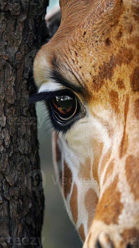 Giraffe peering through a tree with captivating eye detail at a wildlife sanctuary photo