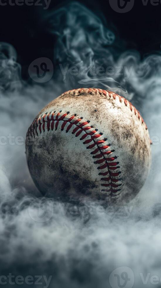 Baseball resting in a mysterious fog with a weathered surface showcasing signs of use and age photo