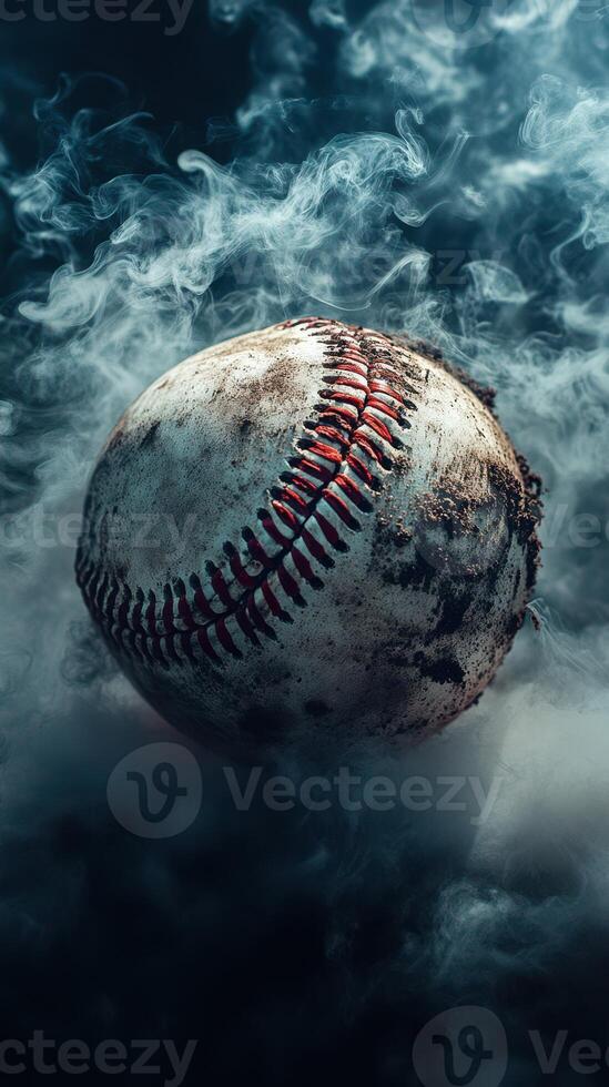 Weathered baseball resting in smoky atmosphere capturing the essence of the game in a gritty and dramatic look photo