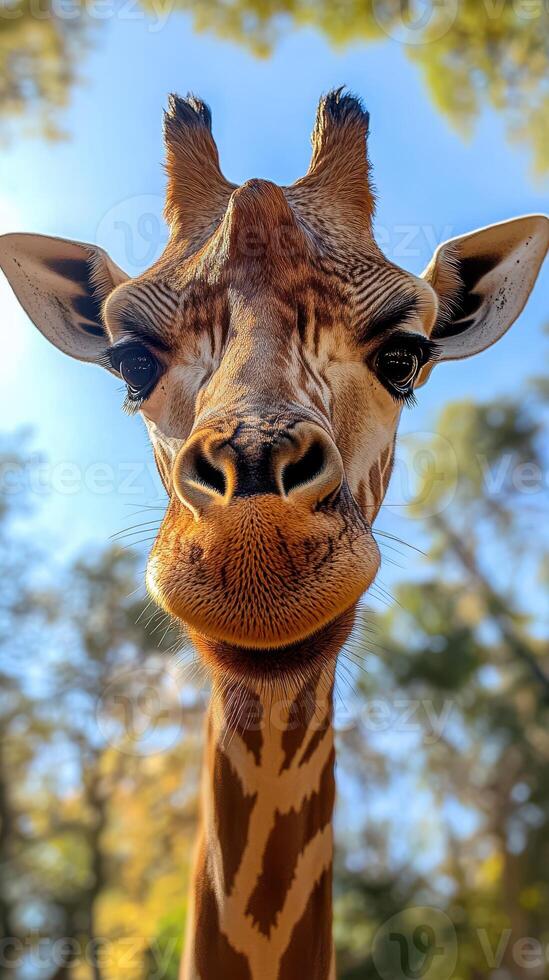 Giraffe curiously gazing at visitors in a lush wildlife habitat during the daytime photo
