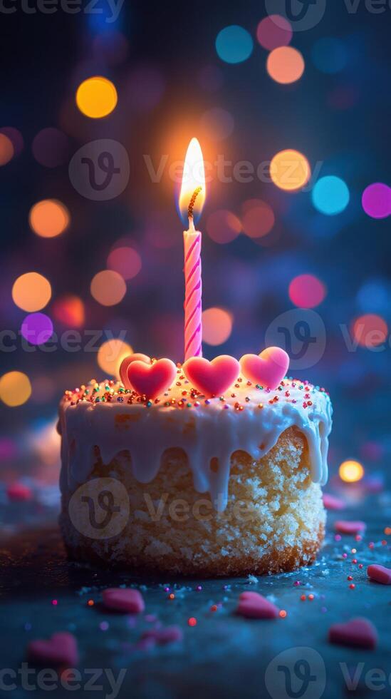 Delicious birthday cake adorned with hearts and a glowing candle in a festive setting photo