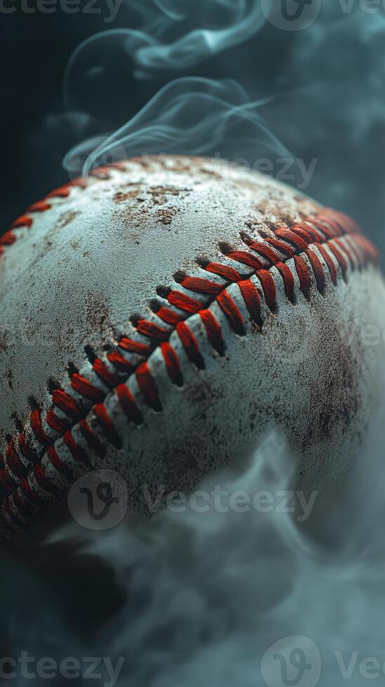 Baseball covered in smoke showcasing wear and age in a mysterious atmosphere photo