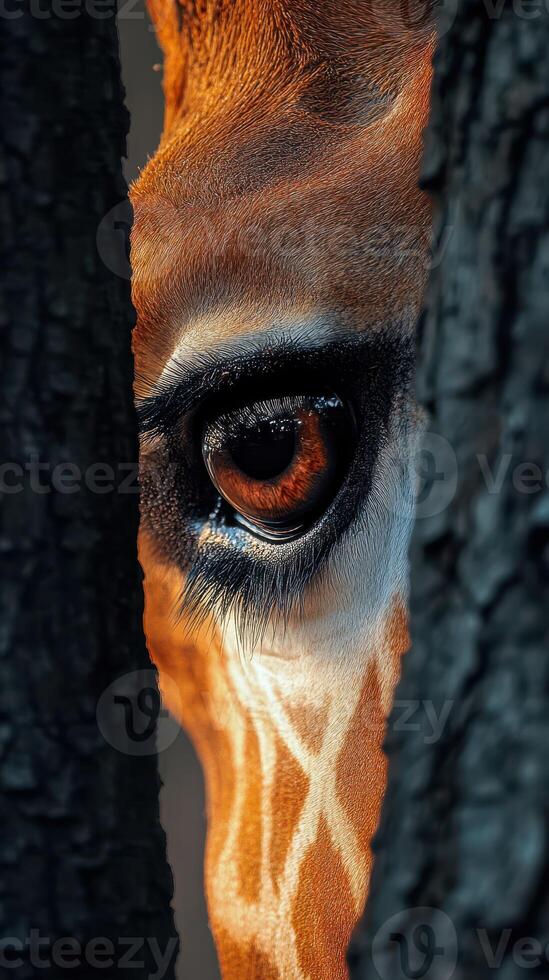 Giraffe peers through trees in stunning close-up during golden hour light photo
