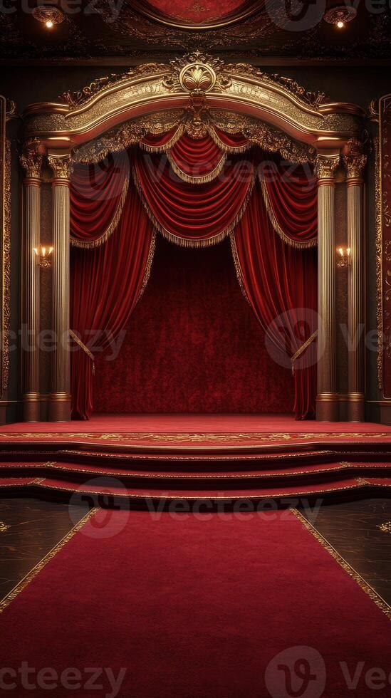 Elegant theater stage adorned with red curtains and intricate decor in a vintage setting photo