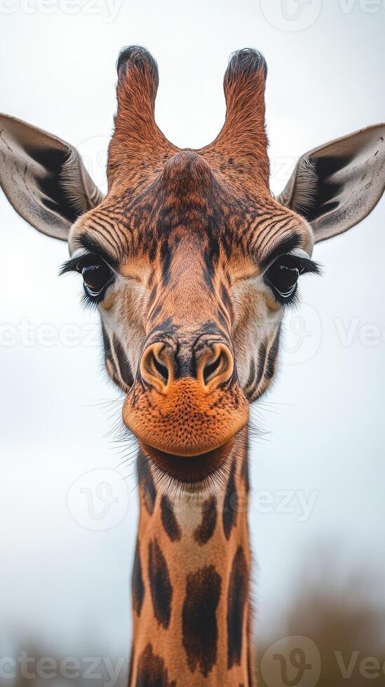 Giraffe calmly gazes at the camera with clear expression in a serene outdoor setting during cloudy weather photo