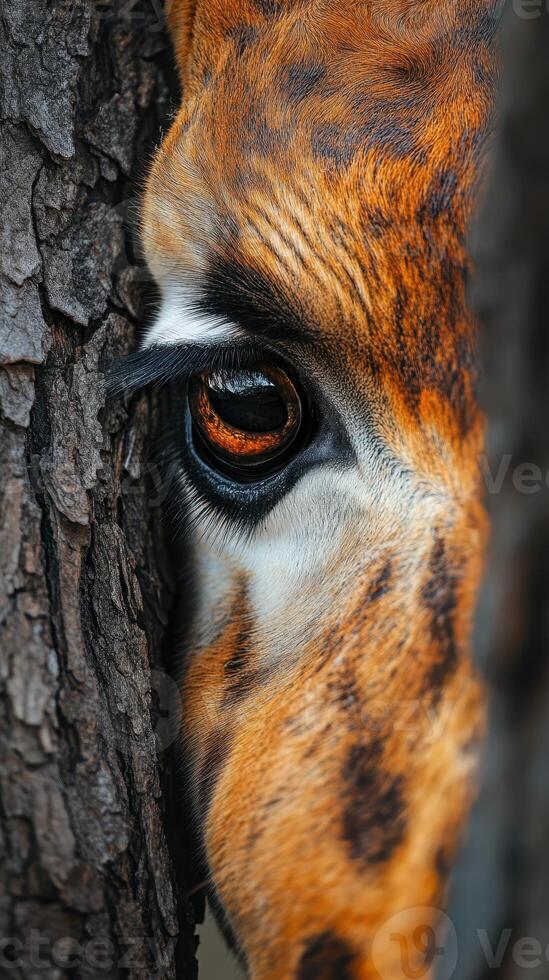 Close-up view of a giraffe's eye peering through a tree trunk in a natural habitat during daylight hours photo