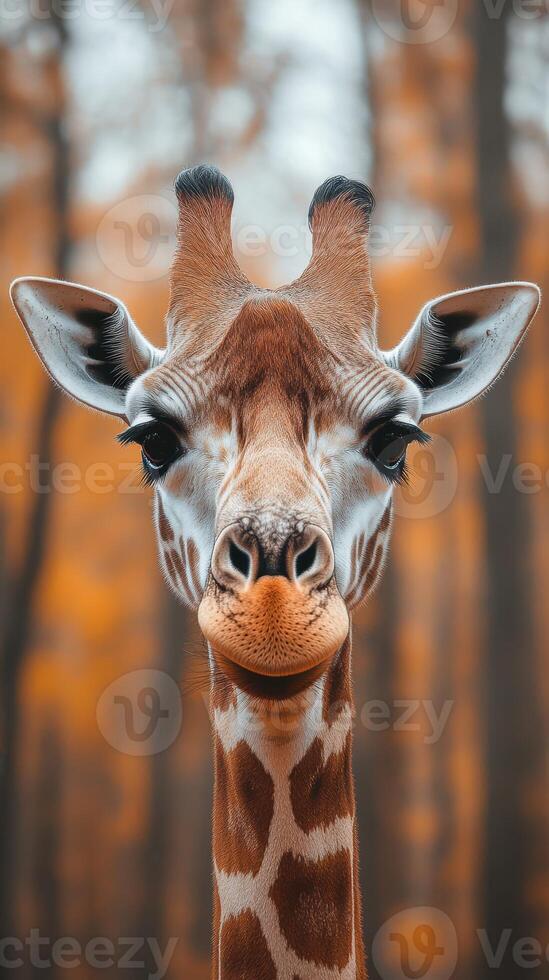 Giraffe gazes curiously in a serene forest during autumn, blending beautifully with the warm colors of nature photo