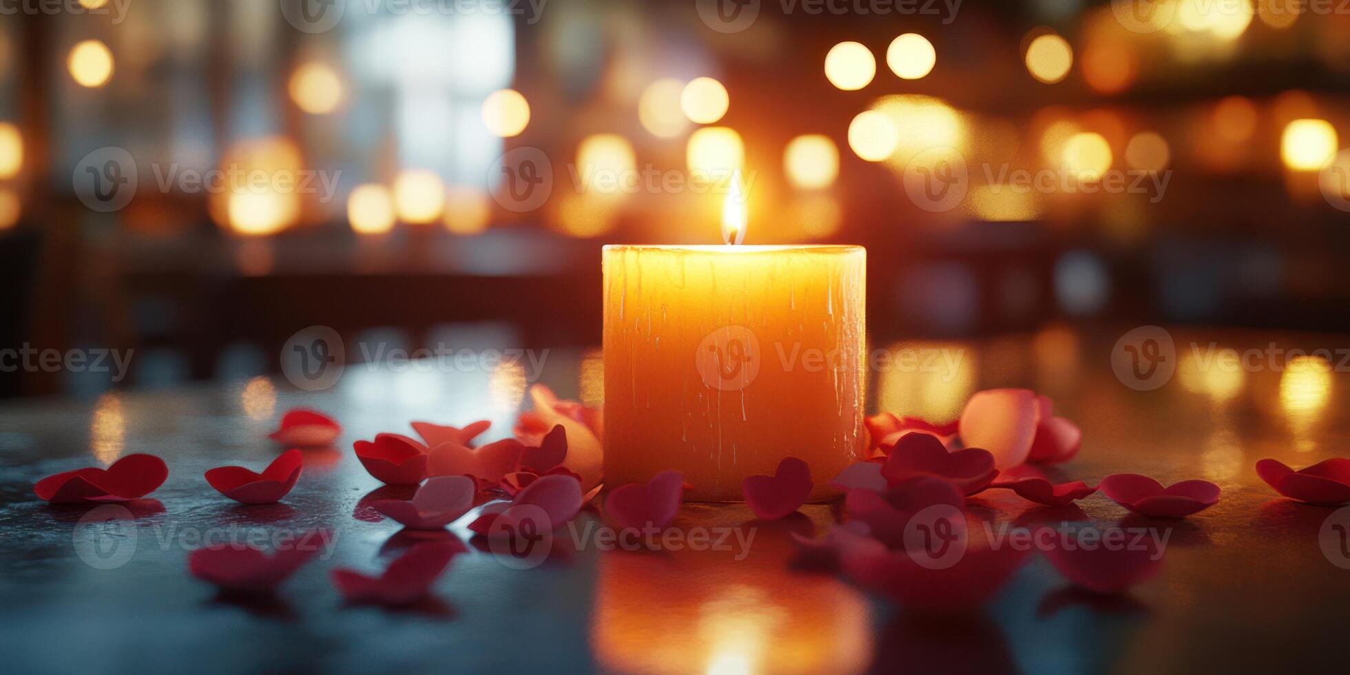 Warm candlelight illuminates a romantic setting adorned with rose petals in an intimate atmosphere photo