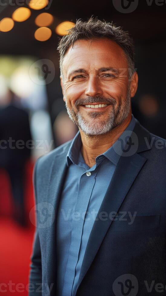Smiling man in a suit stands confidently at a glamorous event during the evening hours photo