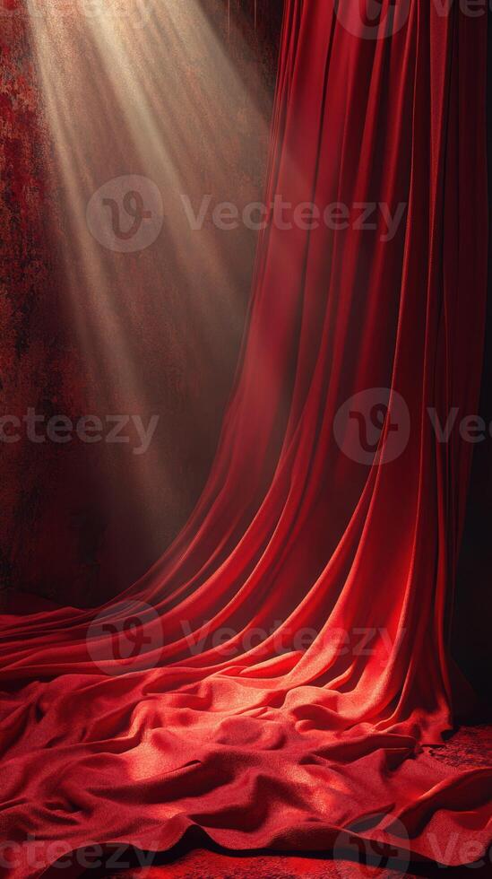 Rich red velvet drapes in a softly lit indoor setting create an elegant atmosphere with dramatic lighting photo