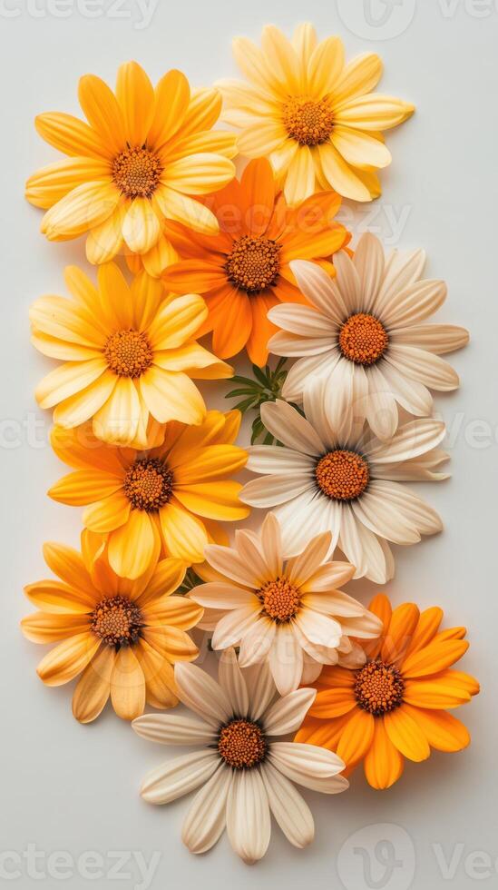 Colorful daisies arranged in a pleasing pattern highlighting yellow and cream tones against a light background photo