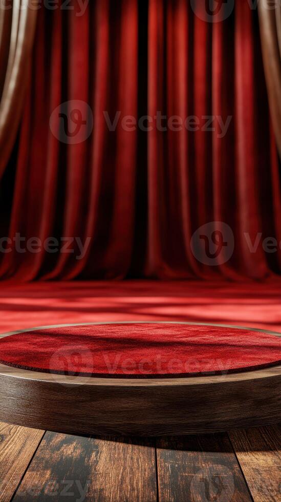 Red velvet stage set for a performance in a theater with luxurious curtains and spotlight anticipation photo